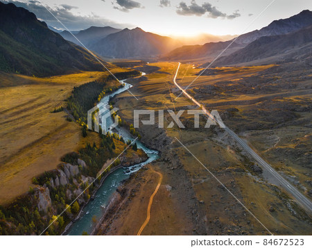 Chuya River Valley , winding river, Altai Republic, Siberia, Russia, aerial view from above. Chuya River Valley , winding river, Altai Republic, Siberia, Russia, aerial view from above. 84672523