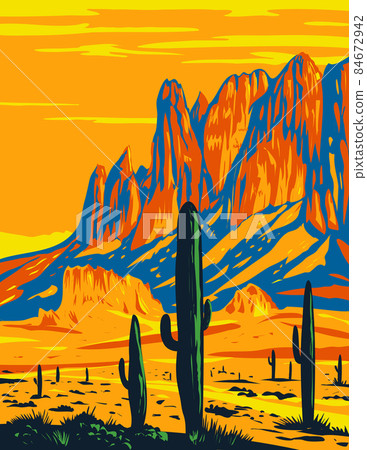 Lost Dutchman State Park Showing Flat Iron in the Superstition Mountains in Arizona USA WPA Poster Art 84672942