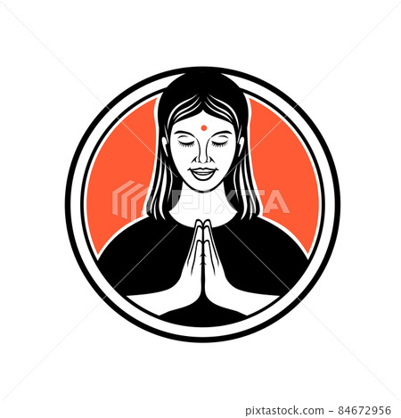 Indian Girl in Namaste Namaskar or Namaskaram Pose of Respectfully Greeting and Honoring Retro Style 84672956