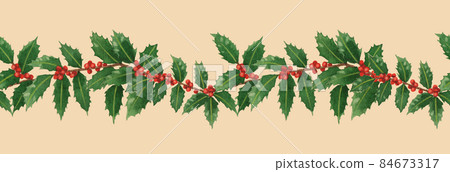 Analog watercolor holly seamless continuous pattern border Analog watercolor holly seamless continuous pattern border 84673317