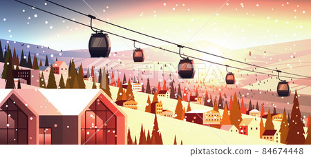 cableway in snowy mountains residential houses area ski resort christmas new year holidays celebration winter vacation 84674448