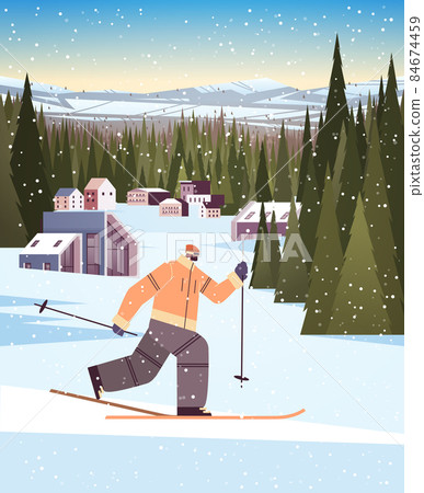 skier man sliding down sportsman skiing doing activities winter vacation concept snowfall landscape background skier man sliding down sportsman skiing doing activities winter vacation concept snowfall landscape background 84674459