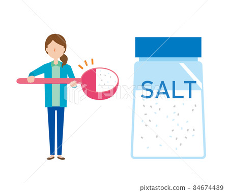 A woman with salt reduced with a measuring spoon and a salt-reduced image of a bottle containing salt 84674489