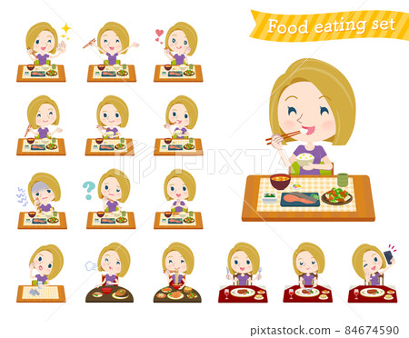 A set of blonde American women wearing sportswear for meals A set of blonde American women wearing sportswear for meals 84674590