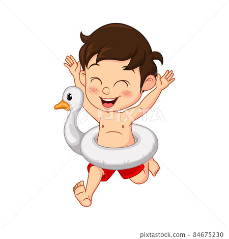 Cartoon little boy with inflatable duck ring 84675230