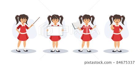 Studying, Education concept.At school,Young little cute girl in various pose.Flat vector 2D cartoon character illustration. 84675337