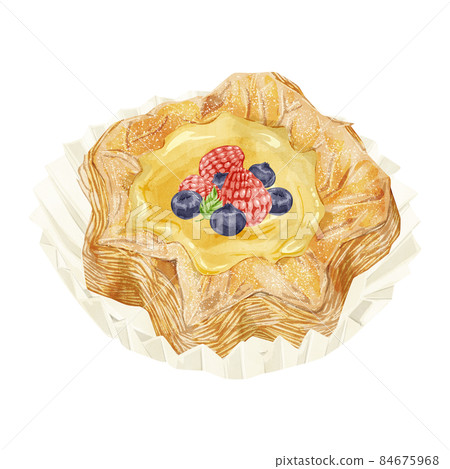 Berry custard danish pastry hand drawn watercolor style illustration 84675968