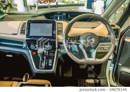 Minivan driver's seat, steering wheel and dashboard Minivan driver's seat, steering wheel and dashboard 84676146
