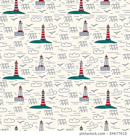 Marine pattern with a lighthouse. Cartoon houses on the shore for a landmark with lanterns for textiles. Cute doodle tower pattern colored. Marine pattern with a lighthouse. Cartoon houses on the shore for a landmark with lanterns for textiles. Cute doodle tower pattern colored. 84677610