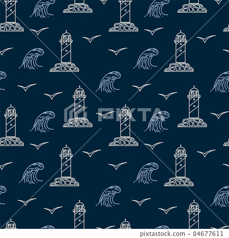 The pattern of the sea with waves and a lighthouse. Lighthouse buildings and a beautiful wave of the sea. Cute doodle house backing with textile lanterns. The pattern of the sea with waves and a lighthouse. Lighthouse buildings and a beautiful wave of the sea. Cute doodle house backing with textile lanterns. 84677611