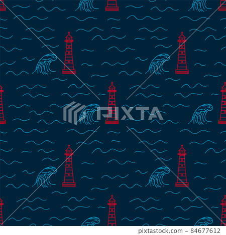 A pattern with a lighthouse building on a dark background. Lighthouse and wave on the sea. Linear substrate of doodle houses with lanterns for textiles. A pattern with a lighthouse building on a dark background. Lighthouse and wave on the sea. Linear substrate of doodle houses with lanterns for textiles. 84677612