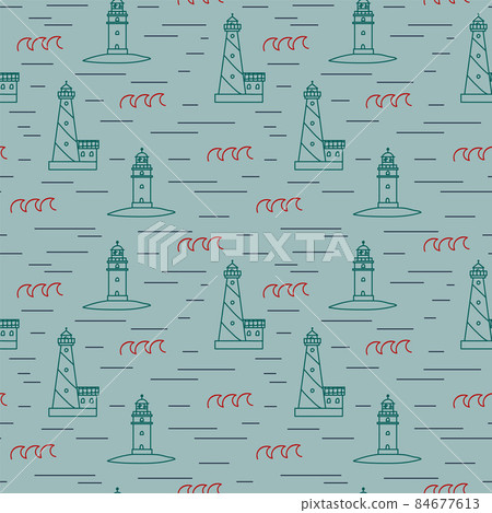 A pattern with a lighthouse building and waves. Linear substrate of doodle houses on the shore. Illustration of a lighthouse with lanterns for textiles. A pattern with a lighthouse building and waves. Linear substrate of doodle houses on the shore. Illustration of a lighthouse with lanterns for textiles. 84677613