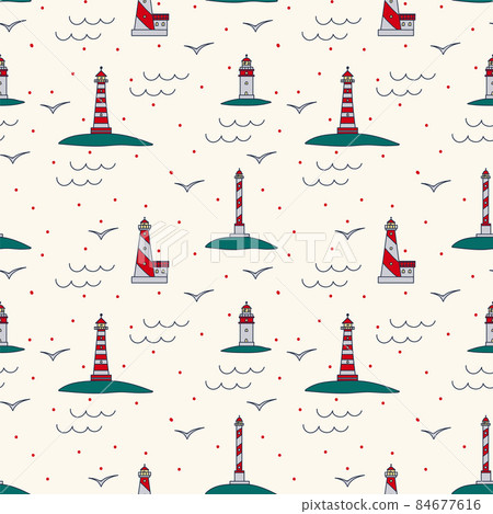 Marine background lighthouse building. Cartoon houses with lanterns for textiles. Cute doodle-style tower pattern in the bay. 84677616