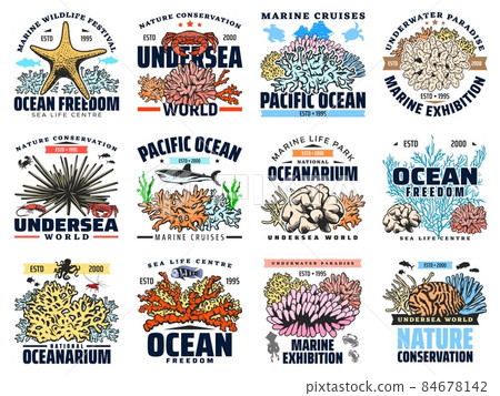 Coral, seafood, sea fish and animal isolated vector icons. Starfish, sea urchin and turtle, shark, crab, octopus, shrimp or prawn, squid, coral reef polyp, algae and seaweed symbols and emblems design 84678142