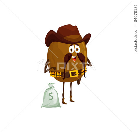 Cartoon cowboy, sheriff, robber, bandit and ranger kiwi fruit character. Vector wild west hero tropical fruit in hat and bell with bullets stand near money sack. Western personage, healthy food 84678185