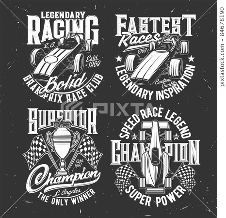 Car racing and bolids t-shirt prints. Motorsport, vintage vehicles and custom bikes club apparel custom design grunge vector prints with retro racing cars, championship prize cup and checkered flags 84678190
