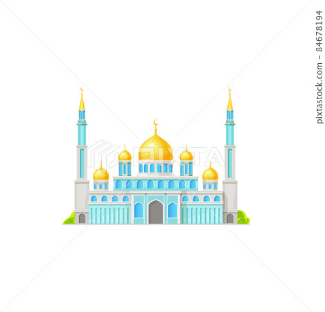 Mosque building icon, Muslim and Islam religion architecture, vector. Arabian or Egyptian Islamic mosque, Allah and Koran holy place, Muslim religious culture and worship shrine 84678194