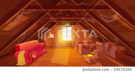 Attic interior, cartoon loft, garret and cockloft room. House attic or mansard room with window, wood roof and floor with spider web, dirty cardboard boxes, old sofa and lamps 84678260
