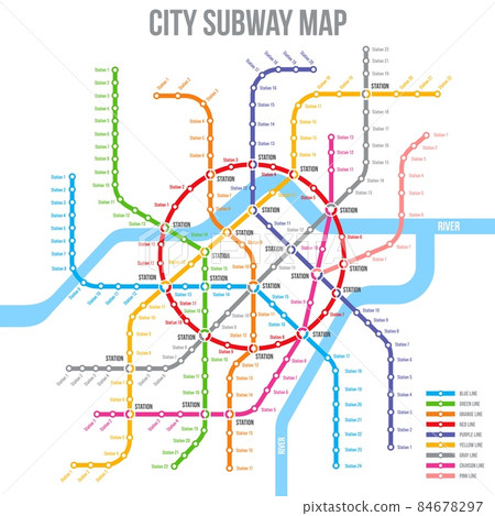 Subway, metro or underground map, city urban railway station lines, vector transport scheme. Subway or metro tube and railway train routes plan for public transport network map template Subway, metro or underground map, city urban railway station lines, vector transport scheme. Subway or metro tube and railway train routes plan for public transport network map template 84678297