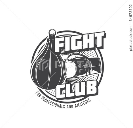 Boxing sport, fighting club or kickboxing vector icon of MMA martial arts. Box or Muay Thai wrestling sport club and training center icon with fist in boxer glove and punching bag on ring Boxing sport, fighting club or kickboxing vector icon of MMA martial arts. Box or Muay Thai wrestling sport club and training center icon with fist in boxer glove and punching bag on ring 84678302