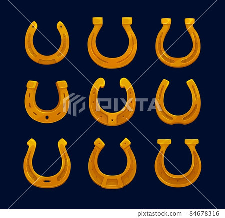 Cartoon golden horseshoes, vector symbols of good luck. Blacksmith horse shoe made of gold metal, lucky or fortune talisman of St Patricks Day Irish holiday, cowboy, Wild West western game interface Cartoon golden horseshoes, vector symbols of good luck. Blacksmith horse shoe made of gold metal, lucky or fortune talisman of St Patricks Day Irish holiday, cowboy, Wild West western game interface 84678316
