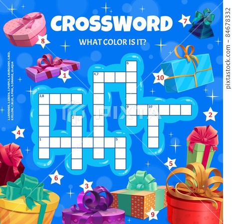 Christmas gifts and present boxes crossword puzzle worksheet, vector find a word quiz. Kids game in cross words riddle to guess colors of Xmas holiday or new year gifts in wrappers with ribbons Christmas gifts and present boxes crossword puzzle worksheet, vector find a word quiz. Kids game in cross words riddle to guess colors of Xmas holiday or new year gifts in wrappers with ribbons 84678332