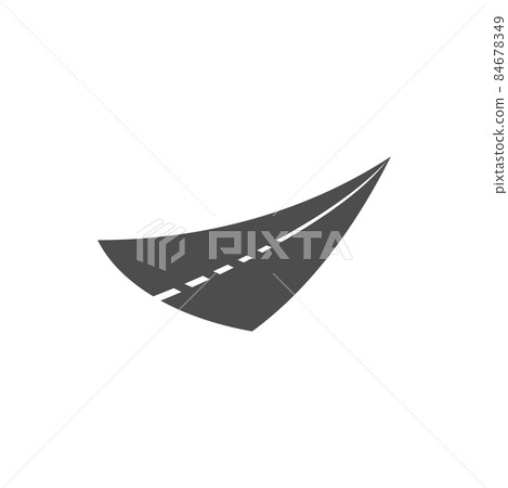 Road, speedway, asphalt highway vector icon. Travel or transportation sign, driveway with dotted and straight mark up. Two-lane way design element for map isolated on white background Road, speedway, asphalt highway vector icon. Travel or transportation sign, driveway with dotted and straight mark up. Two-lane way design element for map isolated on white background 84678349