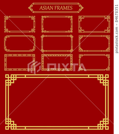Asian frames and borders, korean, chinese and japanese embellishment. Vector golden frames with traditional asia knot ornament or pattern. Oriental graphic vintage gold border on red background Asian frames and borders, korean, chinese and japanese embellishment. Vector golden frames with traditional asia knot ornament or pattern. Oriental graphic vintage gold border on red background 84678351