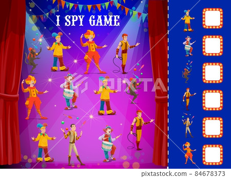 Kids I spy game with shapito circus clowns and performers, vector find and match riddle. Kids tabletop puzzle or I spy board game with funfair carnival clown jester, juggling monkey and animal trainer Kids I spy game with shapito circus clowns and performers, vector find and match riddle. Kids tabletop puzzle or I spy board game with funfair carnival clown jester, juggling monkey and animal trainer 84678373