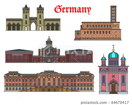 Germany Potsdam landmarks, architecture buildings and travel sightseeing, vector. Church of Peace, Alexander Newski Gedachtniskirche, Potsdam City Palace, Marble Palace and Nauen Gate in Germany 84678417