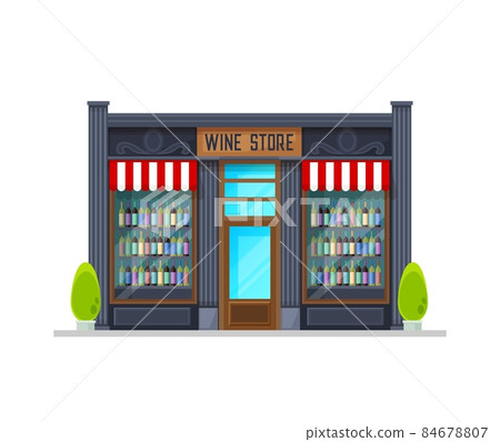 Wine store building, vector store front with alcohol bottles on shelves and canopy over window, glass door and signboard. Isolated storefront facade graphic design. Alco winery, market house exterior 84678807