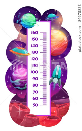 Kids height chart with cartoon space planets, vector measure meter and child tall scale. Kids height chart with rocket shuttles in galaxy space and UFO aliens on galactic planet with meteorite craters Kids height chart with cartoon space planets, vector measure meter and child tall scale. Kids height chart with rocket shuttles in galaxy space and UFO aliens on galactic planet with meteorite craters 84678828