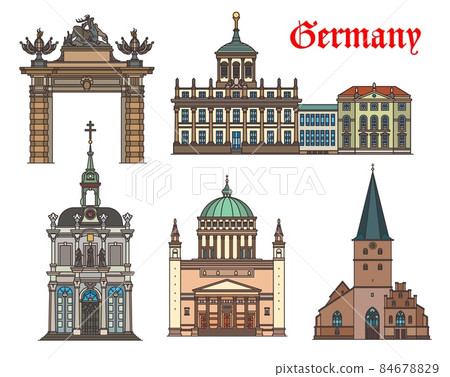 Germany churches and cathedrals, Potsdam and Bonn architecture and travel landmarks, vector. Potsdamer Stadttor or Jagertor, St. Remigius church in Bonn, Nikolaikirche in Potsdam and Kreuzbergkapelle Germany churches and cathedrals, Potsdam and Bonn architecture and travel landmarks, vector. Potsdamer Stadttor or Jagertor, St. Remigius church in Bonn, Nikolaikirche in Potsdam and Kreuzbergkapelle 84678829