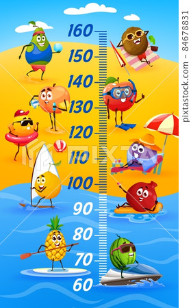 Kids height chart, funny cartoon fruits on summer vacation. Vector growth measure meter with ruler scale on tropical beach. Apple, pineapple, watermelon and lemon, garnett, plum, pear, peach and kiwi 84678831