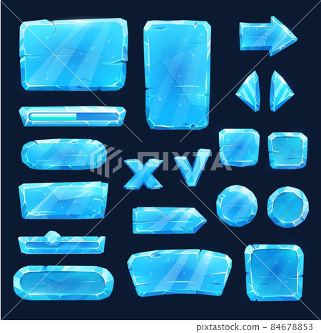 Game asset blue ice icons, sliders, arrows and keys, vector user panel interface plates. Game UI and GUI buttons, mobile gaming cartoon menu with levels of snow or glass tone blocks, navigation arrows 84678853