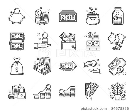 Cash money and coins icons, payment or credit and wallet exchange, business and savings, vector. Dollar money, cash currency and bank credit card symbols, financial pictograms of hand and salary 84678856