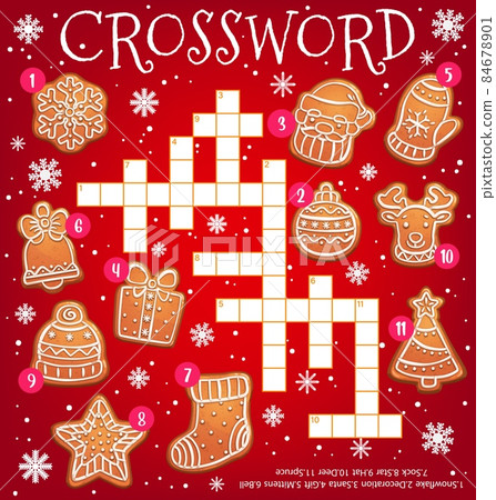 Christmas gingerbread cookie vector crossword worksheet or find a word quiz game. Crossword grid puzzle of Xmas gingerbread in shape of Christmas tree, snowflake, Santa and gift box, stocking, bell 84678901