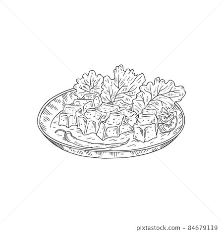 Cig kofte traditional turkish snack, monochrome sketch vector illustration isolated on white background. Cig kofte traditional turkish snack, monochrome sketch vector illustration isolated on white background. 84679119
