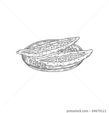 Turkish traditional dish pide in monochrome sketch style, vector illustration isolated on white background. Turkish traditional dish pide in monochrome sketch style, vector illustration isolated on white background. 84679121