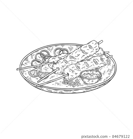 Shish kebab plate in hand drawn sketch style, vector illustration isolated on white background. Shish kebab plate in hand drawn sketch style, vector illustration isolated on white background. 84679122