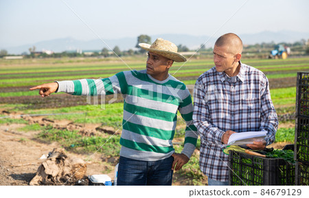 Owner of the farming field gives instructions for the fish to hired worker Owner of the farming field gives instructions for the fish to hired worker 84679129