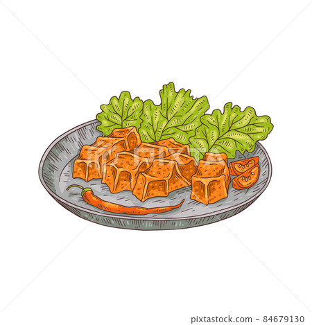 Turkish cuisine dish cig kofte in colored sketch style, vector illustration isolated on white background. Turkish cuisine dish cig kofte in colored sketch style, vector illustration isolated on white background. 84679130
