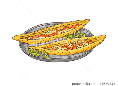 Hand drawn pide food in colored sketch style, vector illustration isolated on white background. 84679132