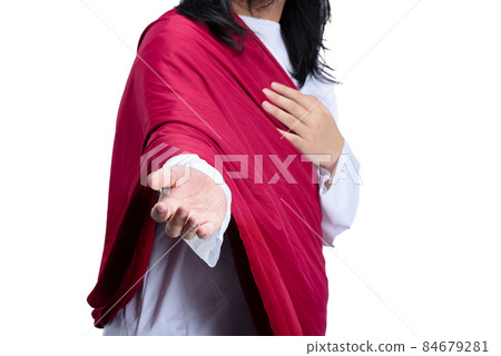 Jesus Christ with open palm giving helping hand Jesus Christ with open palm giving helping hand 84679281