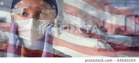 Doctor or Nurse Wearing Medical Personal Protective Equipment (PPE) Within Hospital Against Ghosted American Flag. 84680264