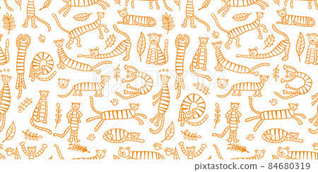 Collection of tigers and tropical leaves. Seamless Pattern for your design Collection of tigers and tropical leaves. Seamless Pattern for your design 84680319