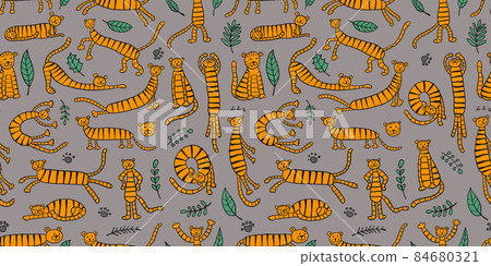 Collection of tigers and tropical leaves. Seamless Pattern for your design 84680321