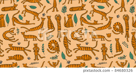 Collection of tigers and tropical leaves. Seamless Pattern for your design Collection of tigers and tropical leaves. Seamless Pattern for your design 84680326