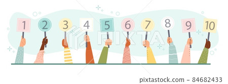 Banner with human hands holding score cards, flat vector illustration isolated. Banner with human hands holding score cards, flat vector illustration isolated. 84682433