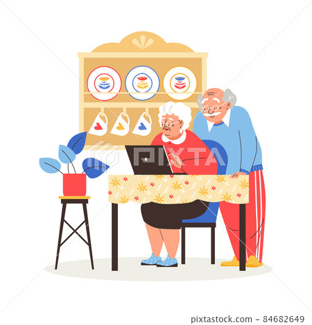 Elderly couple using laptop at home flat vector illustration isolated. Elderly couple using laptop at home flat vector illustration isolated. 84682649